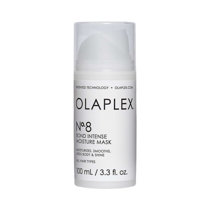 Olaplex No.8 Bond Intense Moisture Mask – white pump bottle with black text, 100 ml size, labeled for moisturizing, smoothing, and adding shine to all hair types.