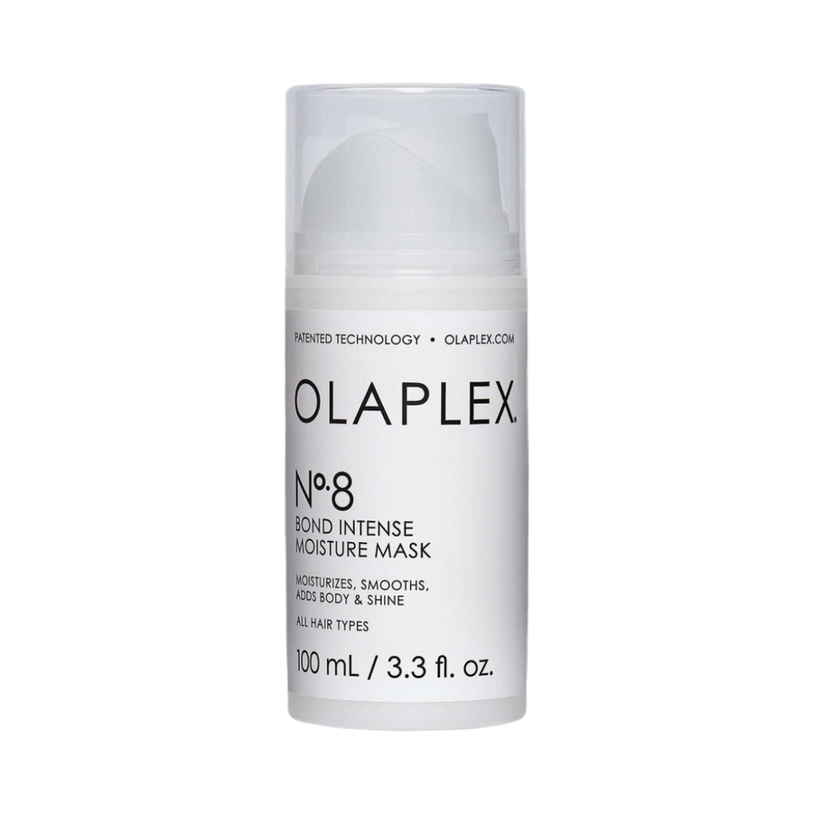 Olaplex No.8 Bond Intense Moisture Mask – white pump bottle with black text, 100 ml size, labeled for moisturizing, smoothing, and adding shine to all hair types.