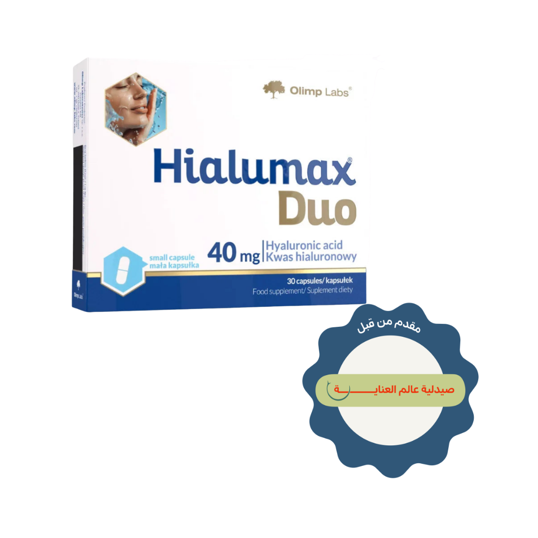Olimp Labs Hialumax Duo hyaluronic acid supplement, 40 mg, 30 capsules, in white and blue box.