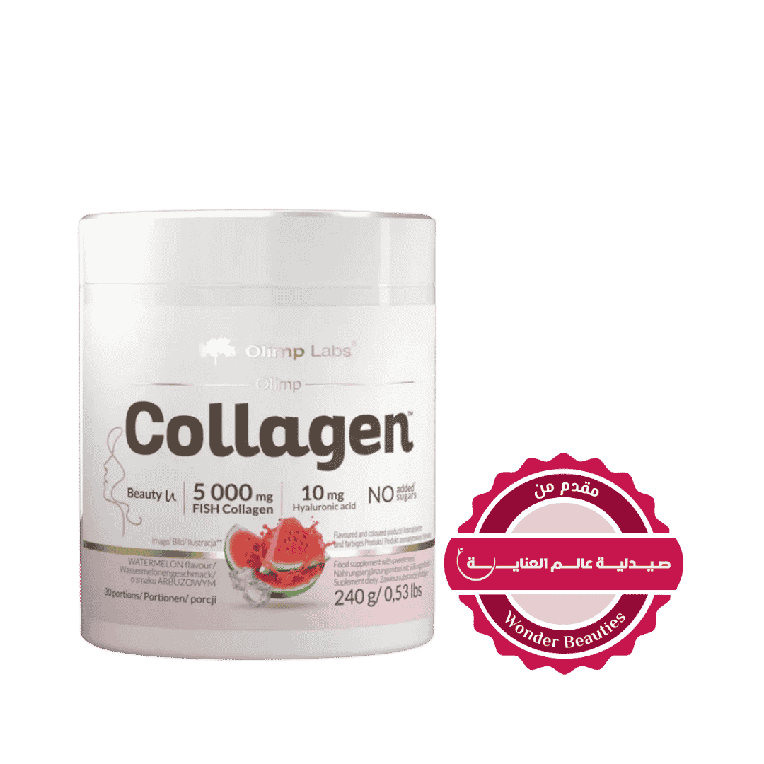 Olimp Labs Collagen powder supplement watermelon flavor 240g tub with label and measuring scoop visible