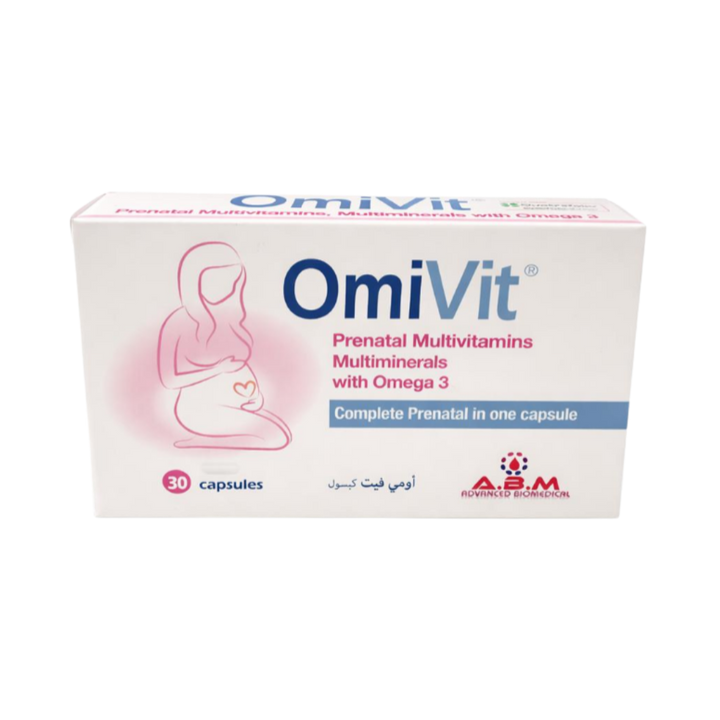 OmiVit Prenatal Multivitamins, Multiminerals with Omega 3, 30 capsules box, designed for complete prenatal care in one capsule.