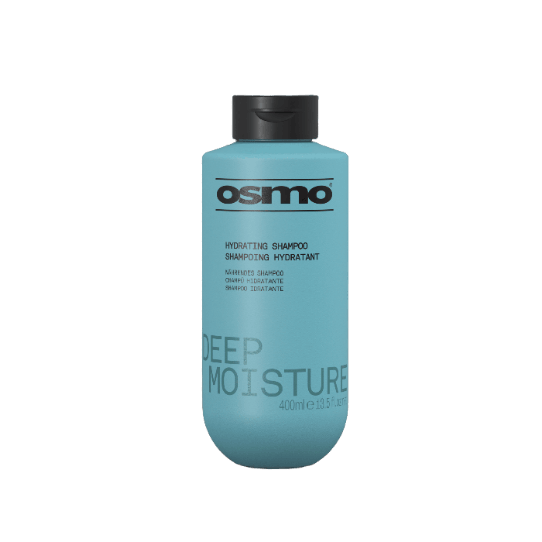 Osmo Deep Moisture hydrating shampoo bottle 400ml, nourishing shampoo for dry hair, blue packaging with black cap.