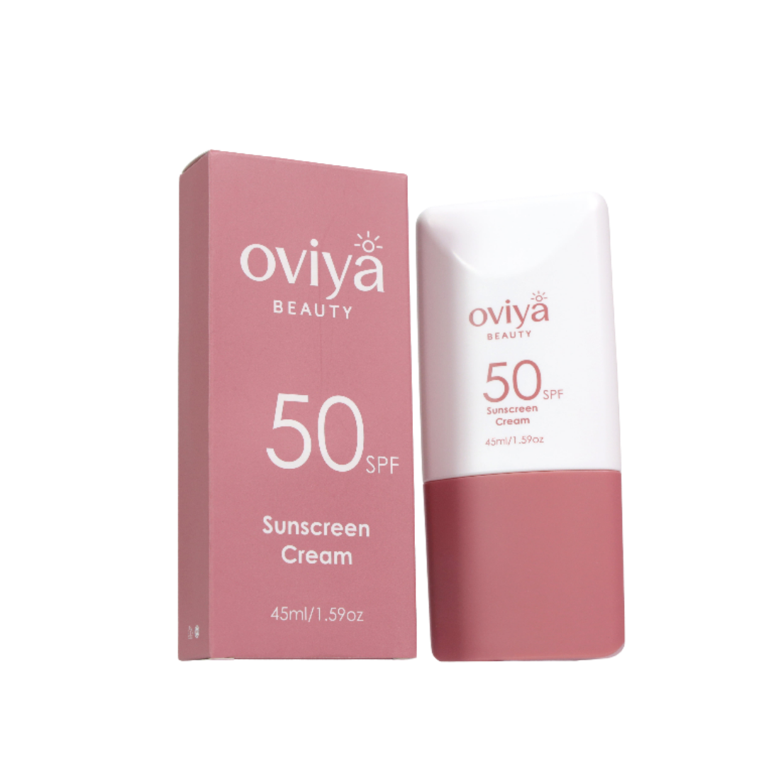 Oviya Beauty SPF50 sunscreen cream, 45ml, in white and dusty pink bottle with matching box.