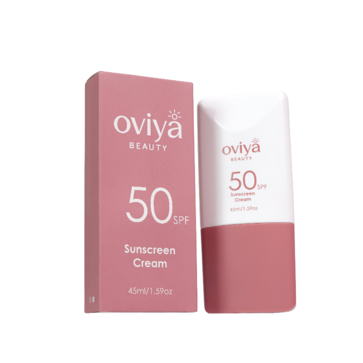 Oviya Beauty SPF50 sunscreen cream, 45ml, in white and dusty pink bottle with matching box.