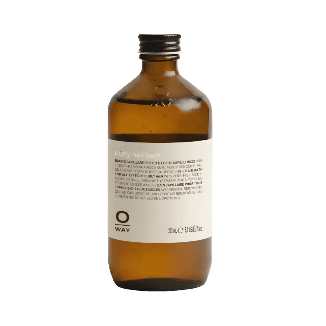 Oway Curly Hair Bath 240ml shampoo bottle for curly hair with brown glass packaging and white label.