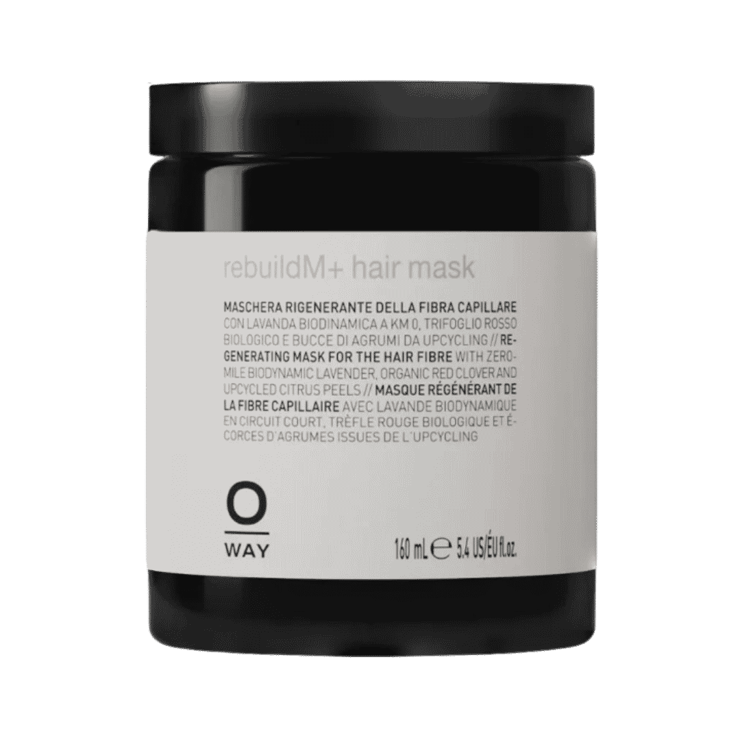 Oway RebuildM+ Hair Mask black jar 160ml for damaged hair treatment.