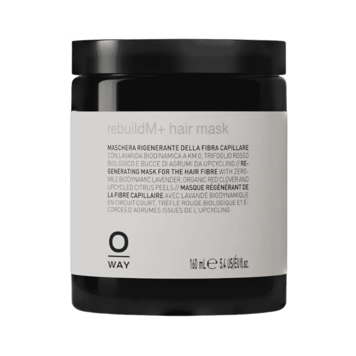 Oway RebuildM+ Hair Mask black jar 160ml for damaged hair treatment.