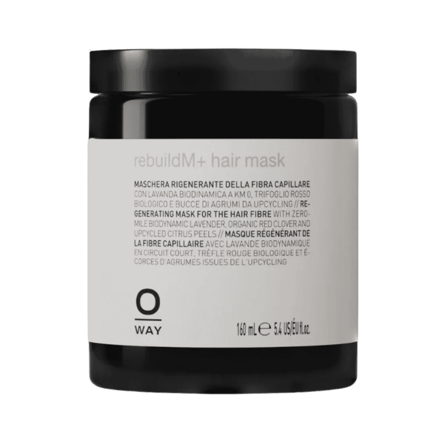 Oway RebuildM+ Hair Mask black jar 160ml for damaged hair treatment.