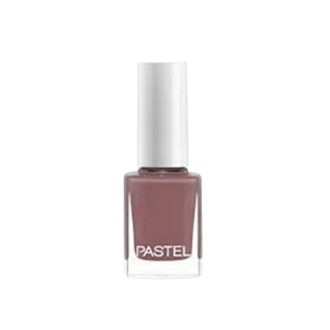 Pastel nail polish, muted mauve shade, clear rectangular glass bottle with tall white cylindrical cap.