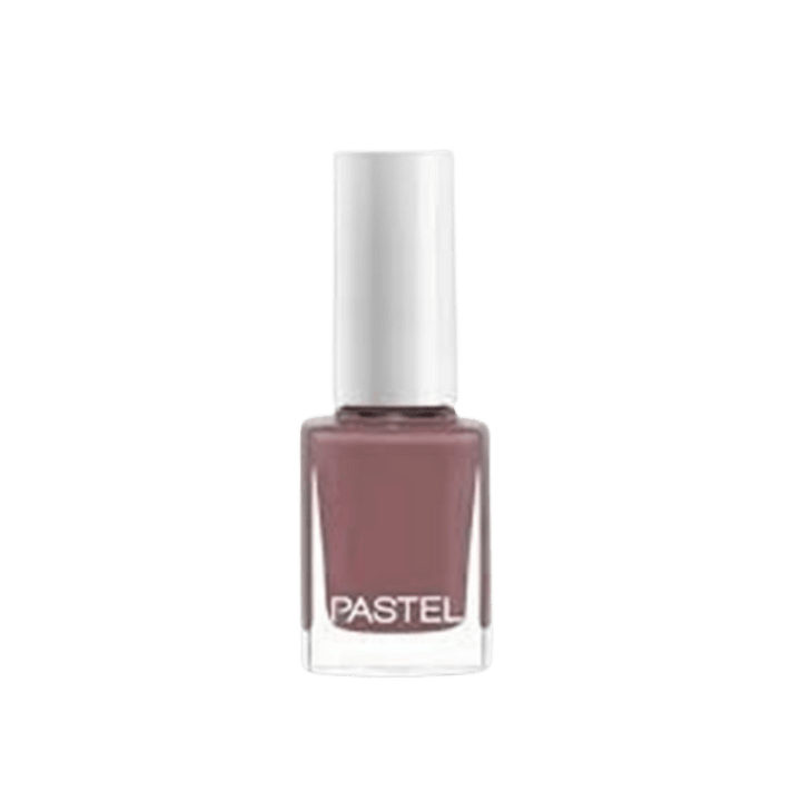 Pastel nail polish, muted mauve shade, clear rectangular glass bottle with tall white cylindrical cap.