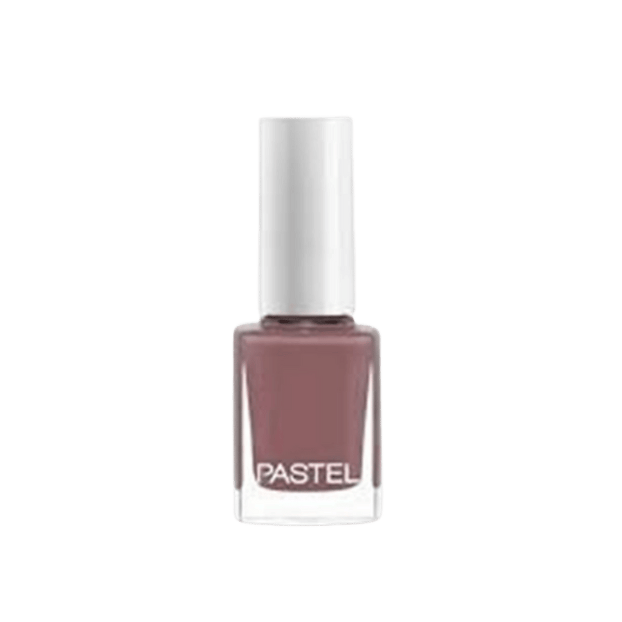 Pastel nail polish, muted mauve shade, clear rectangular glass bottle with tall white cylindrical cap.