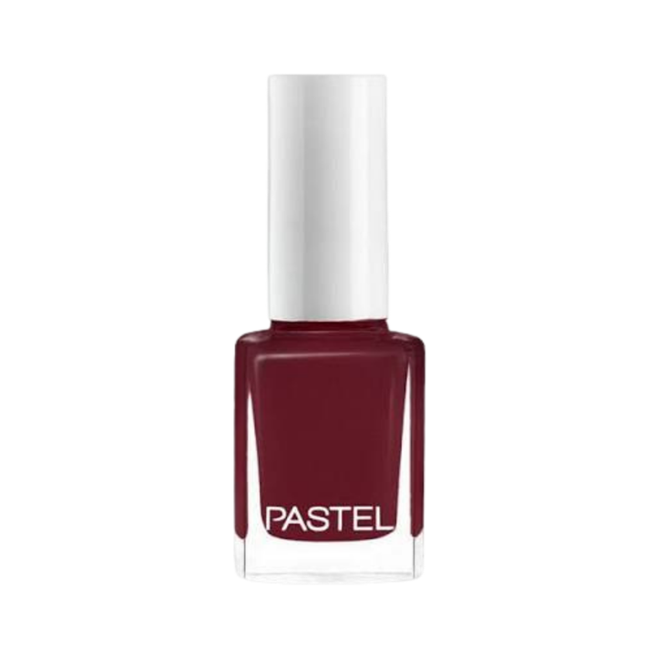 PASTEL Nail Polish, 13ml, burgundy shade in clear rectangular glass bottle with tall white cap.