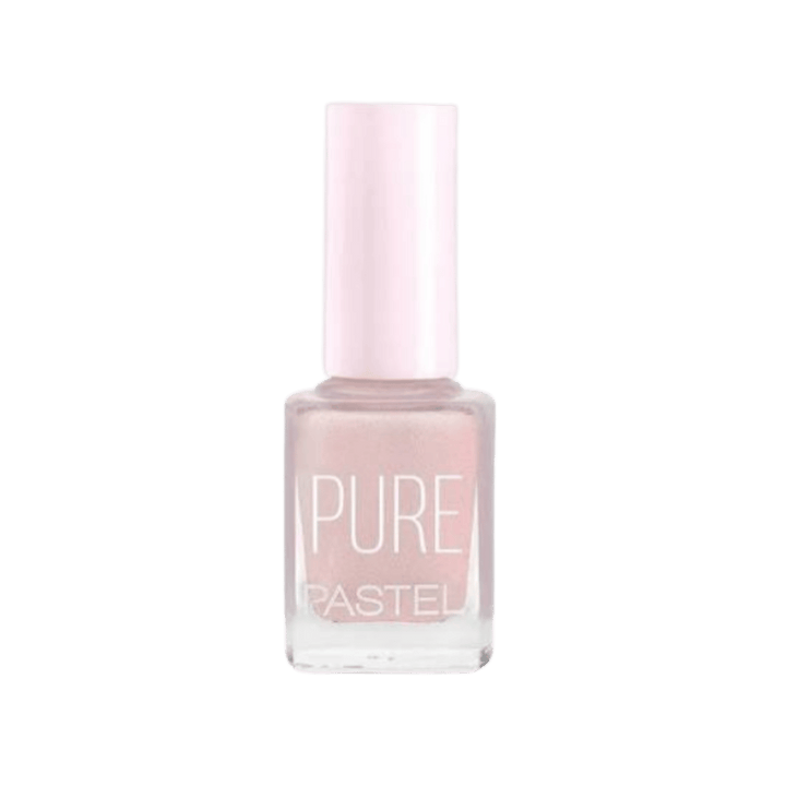 Pastel Pure nail polish, pale pink shimmer shade, clear rectangular glass bottle with light pink cylindrical cap.