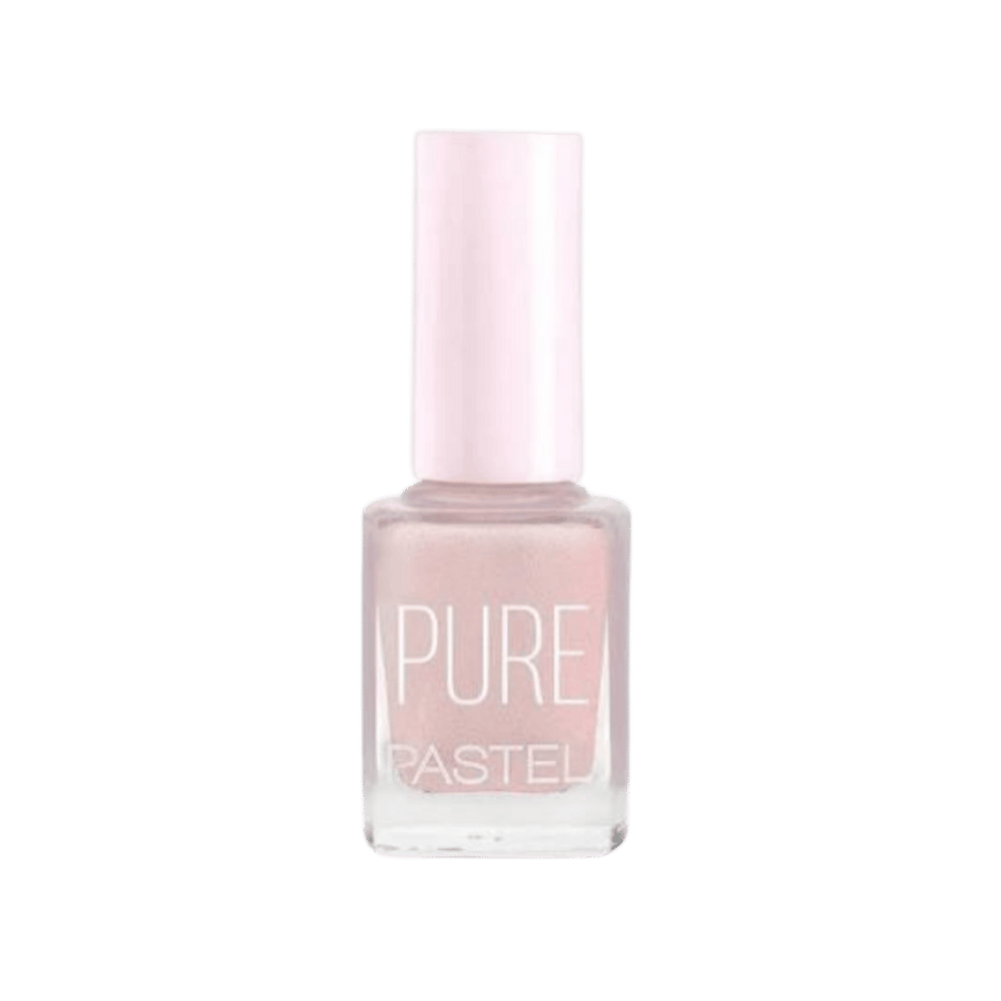 Pastel Pure nail polish, pale pink shimmer shade, clear rectangular glass bottle with light pink cylindrical cap.
