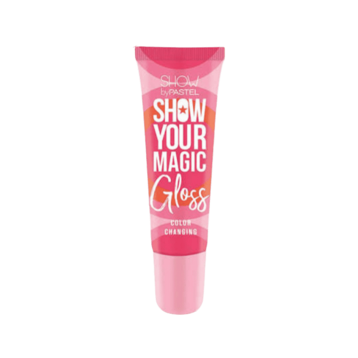 Show by Pastel Show Your Magic color-changing lip gloss in pink squeeze tube with white lettering.