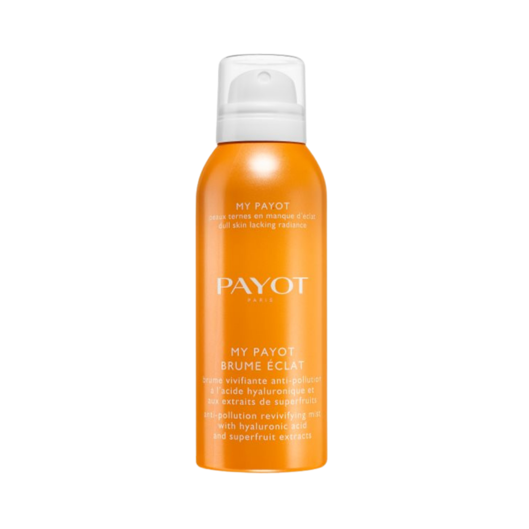 PAYOT My Payot Brume Éclat anti-pollution radiance mist, 125ml orange spray bottle with white cap.