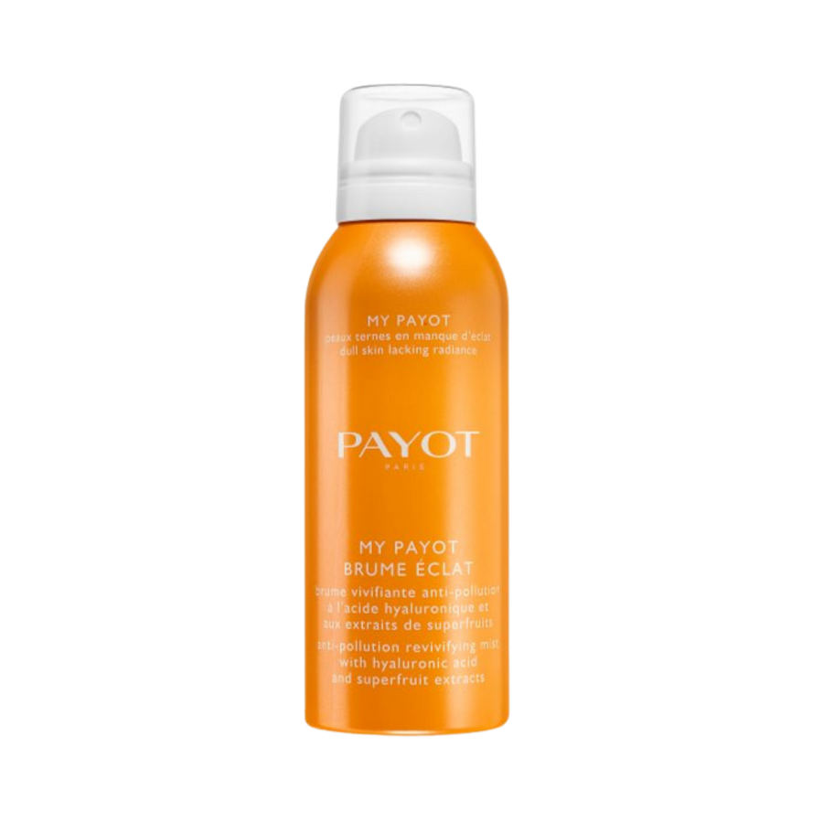 PAYOT My Payot Brume Éclat anti-pollution radiance mist, 125ml orange spray bottle with white cap.