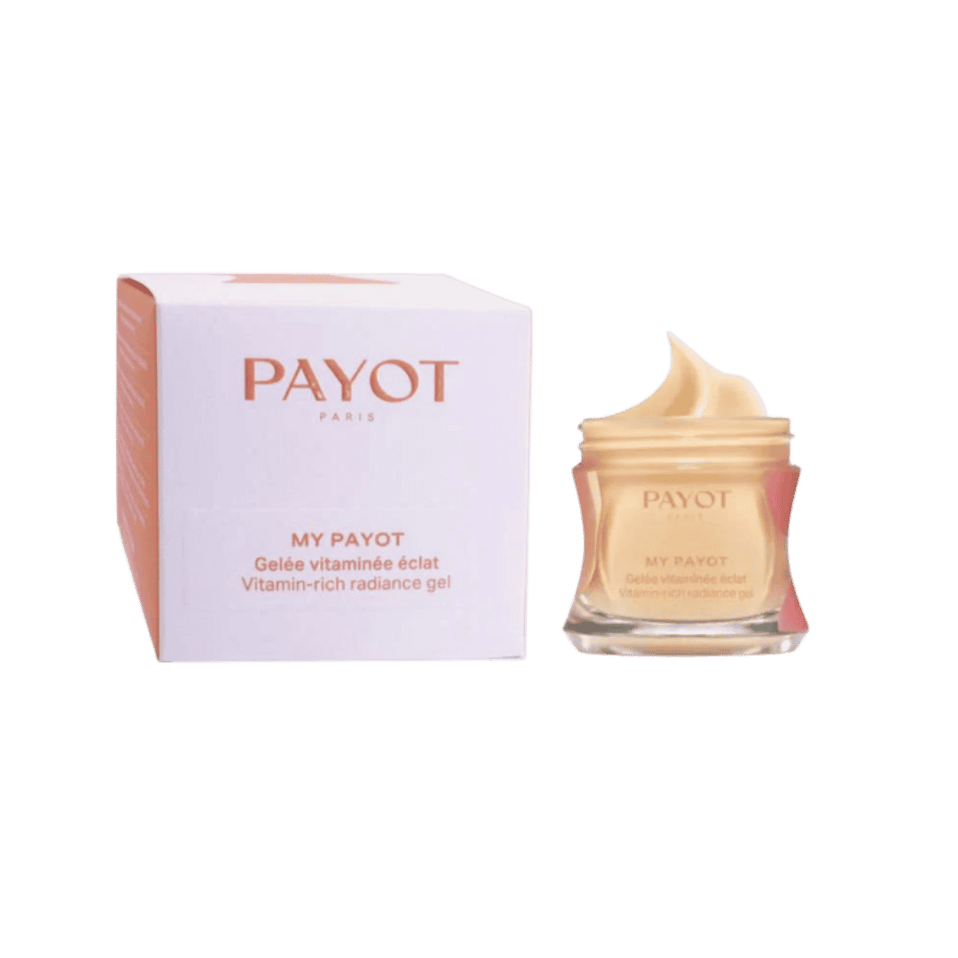 Payot My Payot Vitamin-Rich Radiance Gel, peach jar with matching pink box and gel swirl.