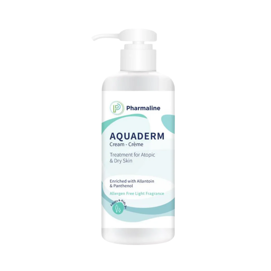 Pharmaline Aquaderm cream 240 ml white pump bottle, labeled for atopic and dry skin