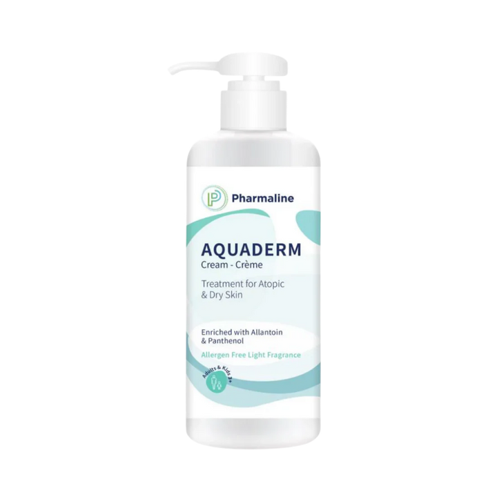Pharmaline Aquaderm cream 240 ml white pump bottle, labeled for atopic and dry skin