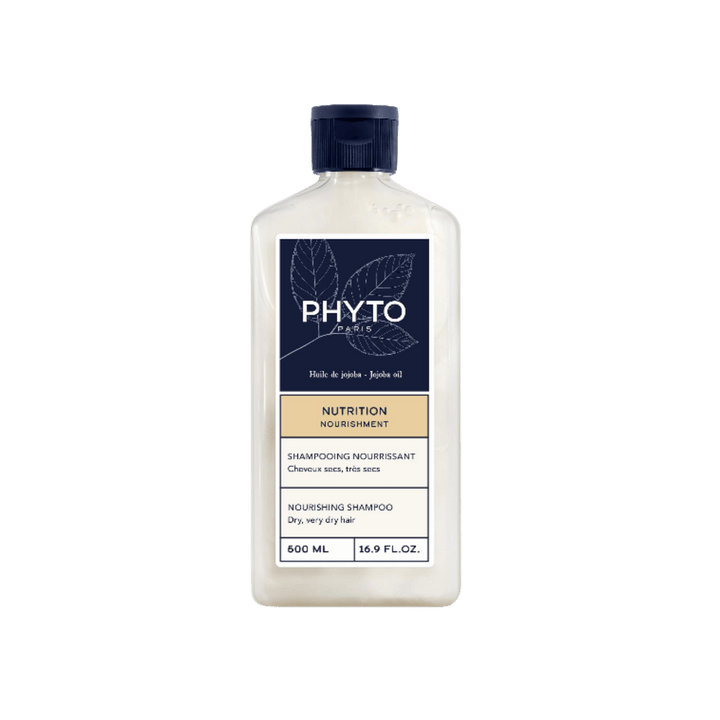 Phyto Paris Nutrition Nourishing Shampoo, 500ml, clear rectangular bottle with navy cap and beige label.