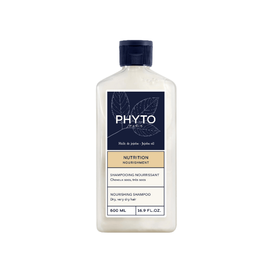 Phyto Paris Nutrition Nourishing Shampoo, 500ml, clear rectangular bottle with navy cap and beige label.