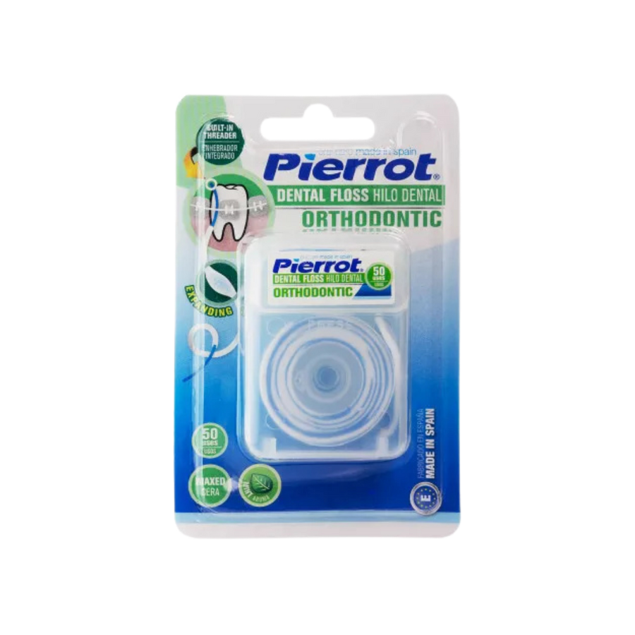 Pierrot orthodontic dental floss dispenser in blister pack, mint flavor, 50 m, Spanish brand.