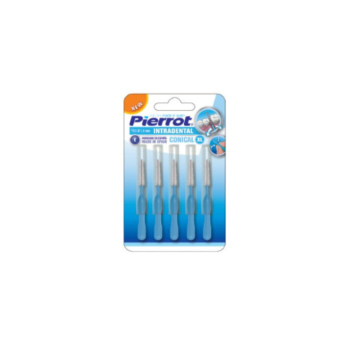 Pierrot intradental conical brushes XL, pack of five, blue handles in blister packaging.