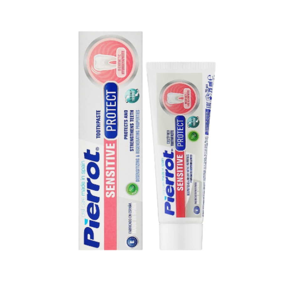 Pierrot Sensitive Protect toothpaste, 125ml, for sensitive teeth, provides desensitizing and strengthening protection, with a pink and white tube.
