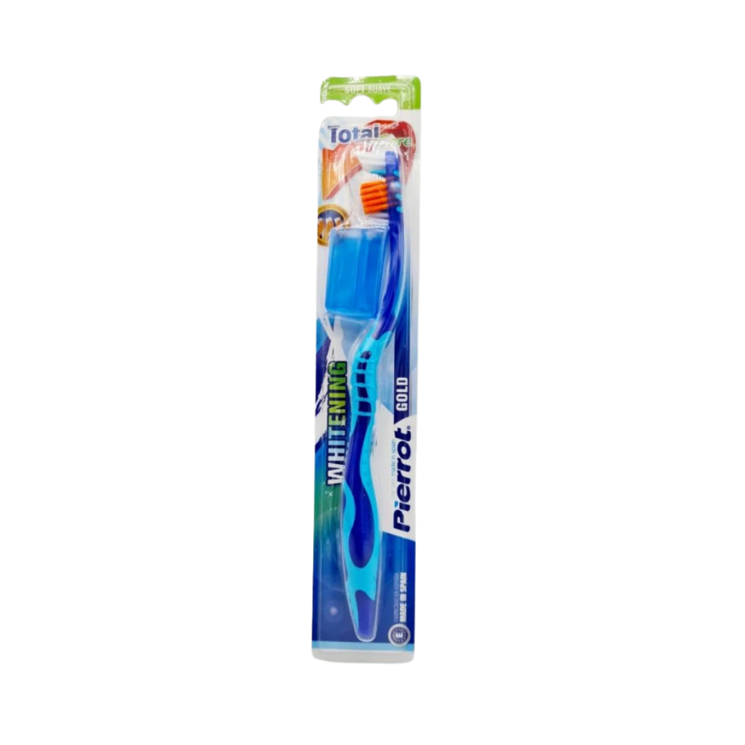 Pierrot Whitening Gold Toothbrush with soft bristles, blue and green packaging, includes a protective cover.
