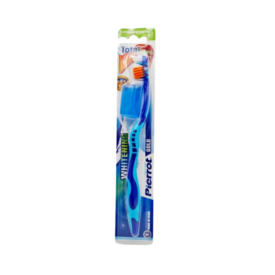 Pierrot Whitening Gold Toothbrush with soft bristles, blue and green packaging, includes a protective cover.
