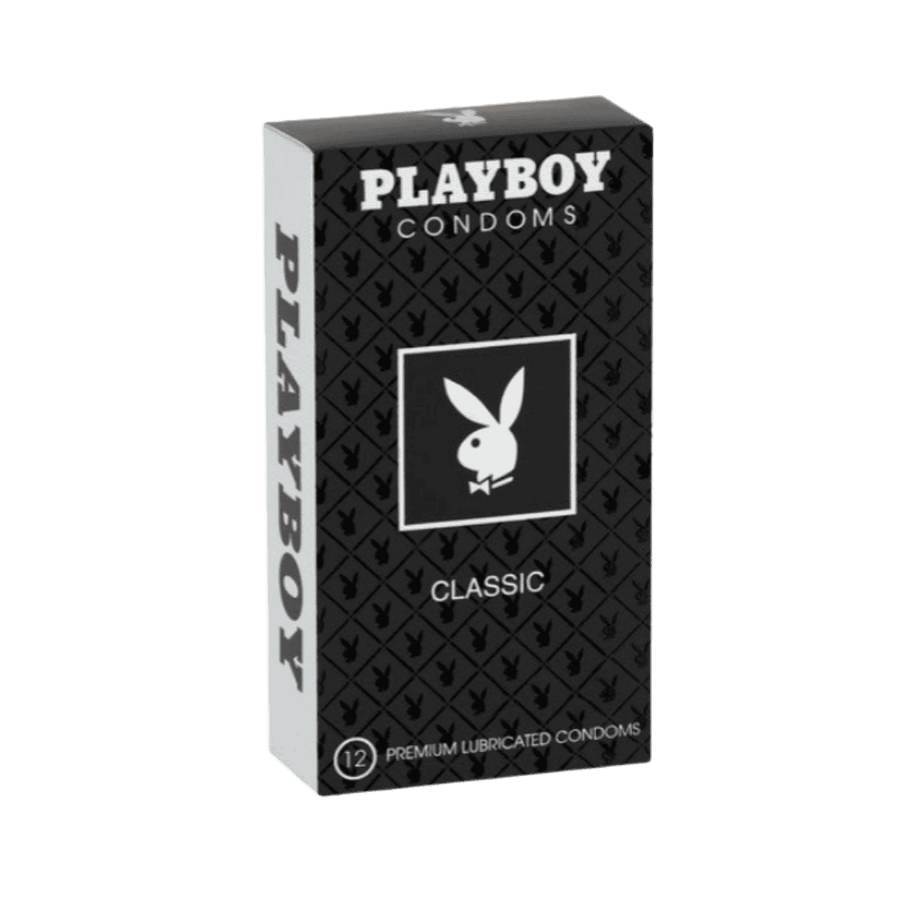 Playboy Classic Premium Lubricated Condoms, 12 pieces per pack, designed for reliable protection and comfort.