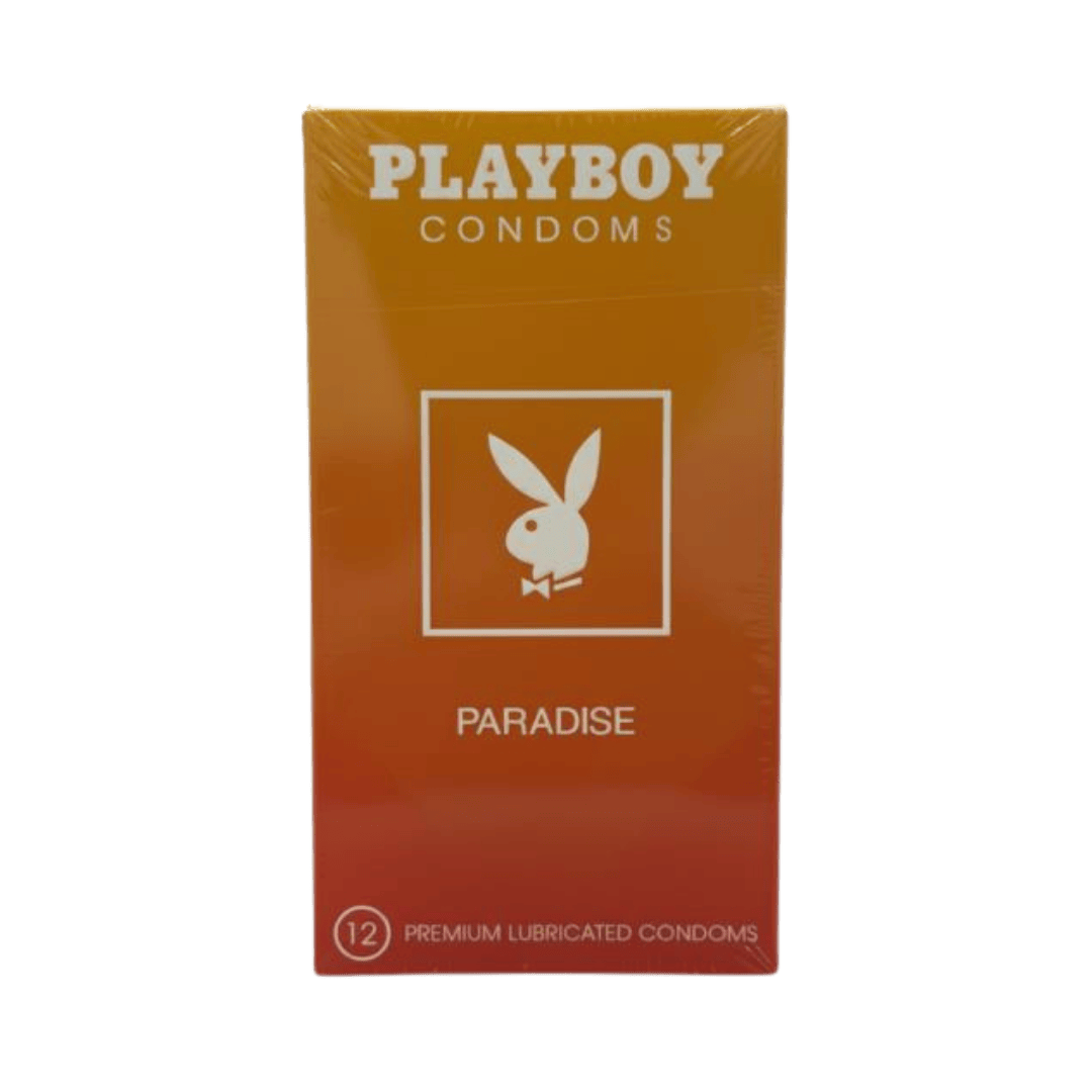 Playboy Paradise condoms pack 12 pieces, premium lubricated latex condoms in orange rectangular box