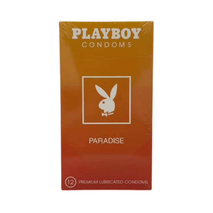 Playboy Paradise condoms pack 12 pieces, premium lubricated latex condoms in orange rectangular box