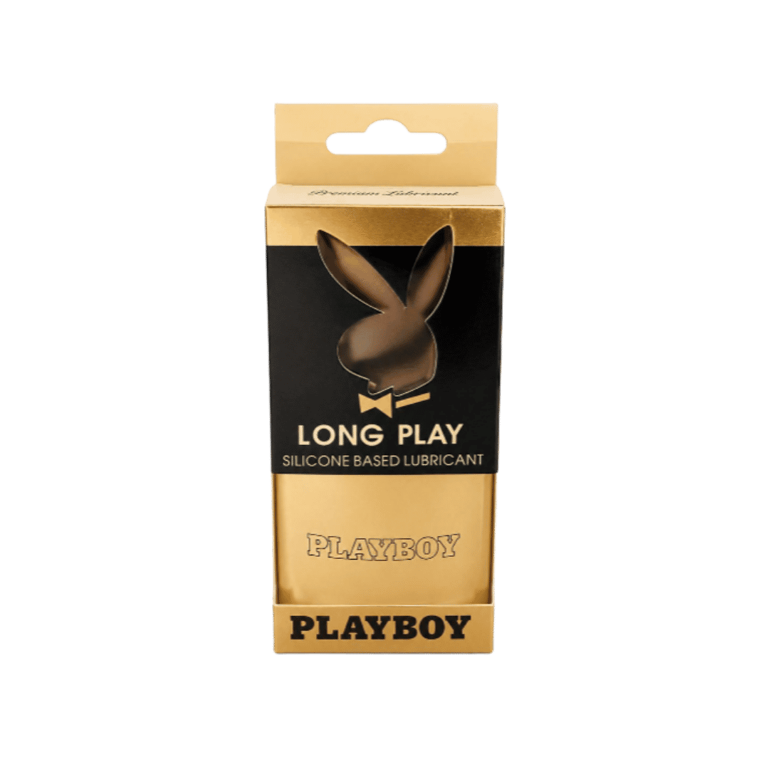 Playboy Long Play silicone based lubricant bottle in black and gold box with bunny logo