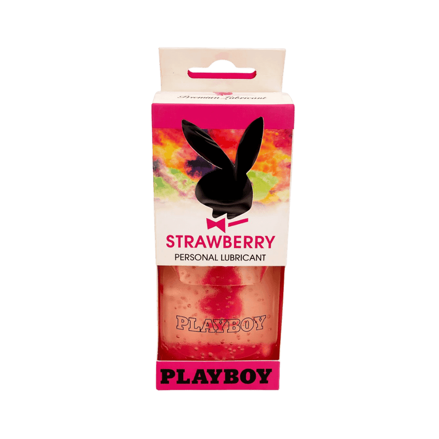 Playboy strawberry personal lubricant 88.7ml bottle in pink box with bunny logo and clear gel inside