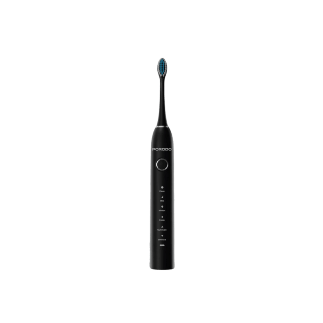 Porodo black electric toothbrush with vibrating brush head, mode indicators, and circular power button
