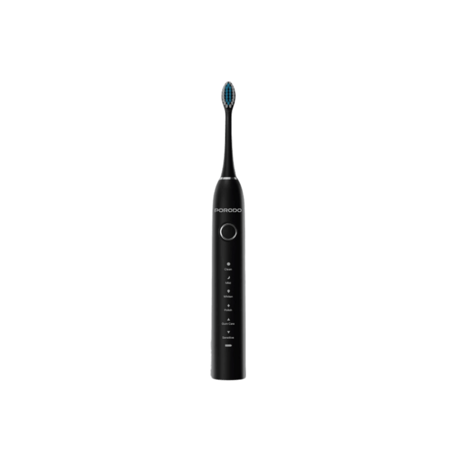 Porodo black electric toothbrush with vibrating brush head, mode indicators, and circular power button