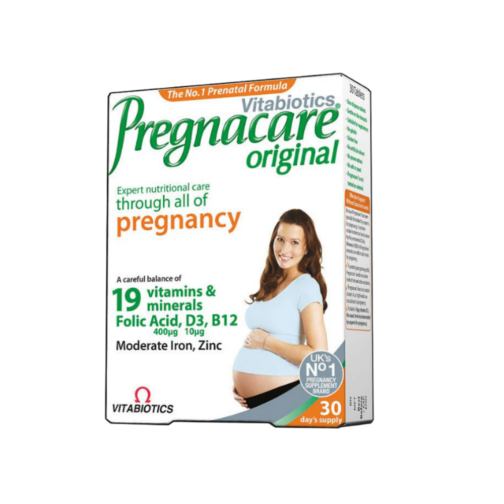 Vitabiotics Pregnacare Original prenatal supplement box, 30 tablets, white packaging with pregnant woman illustration.