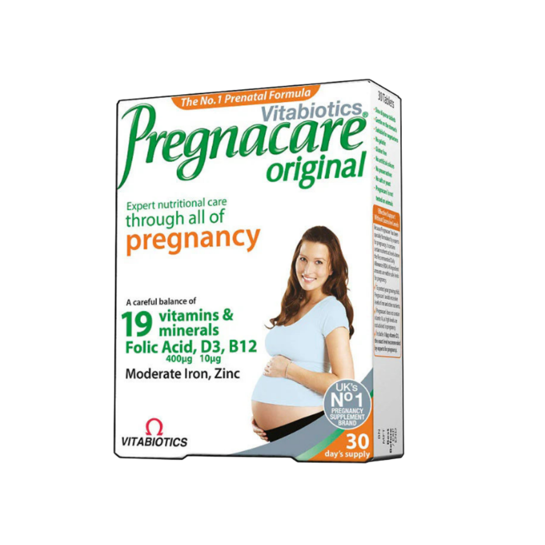 Vitabiotics Pregnacare Original prenatal supplement box, 30 tablets, white packaging with pregnant woman illustration.