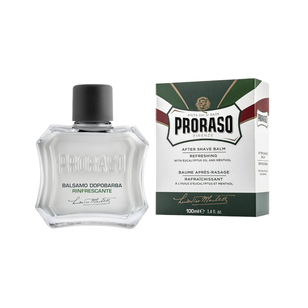 PRORASO Refreshing After Shave Balm 100ml, glass bottle with black cap and green white box
