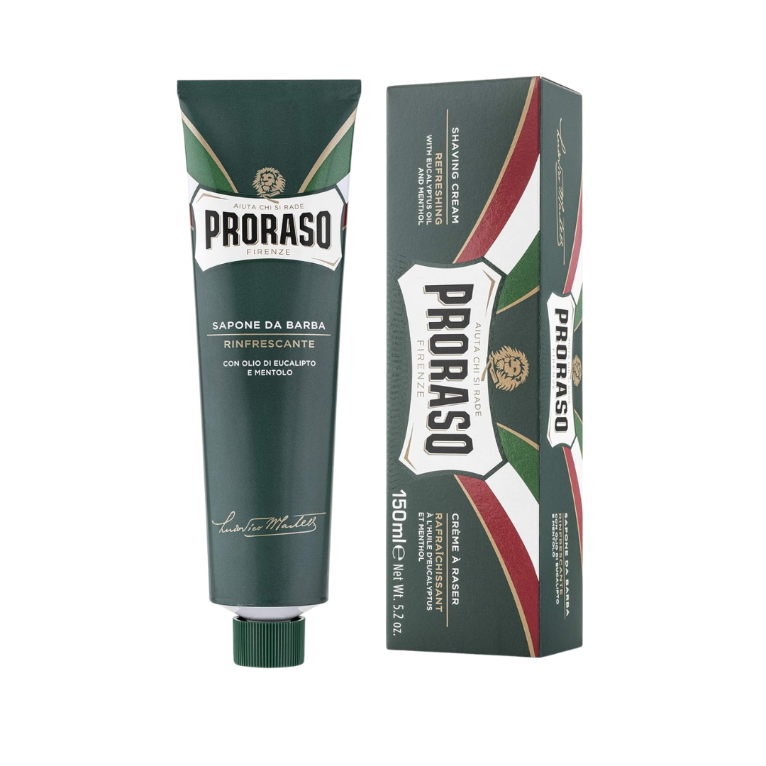 PRORASO Refreshing Shaving Cream 150ml, green tube and matching box with eucalyptus and menthol labeling