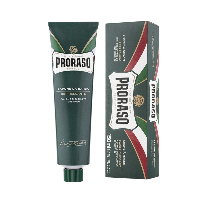 PRORASO Refreshing Shaving Cream 150ml, green tube and matching box with eucalyptus and menthol labeling