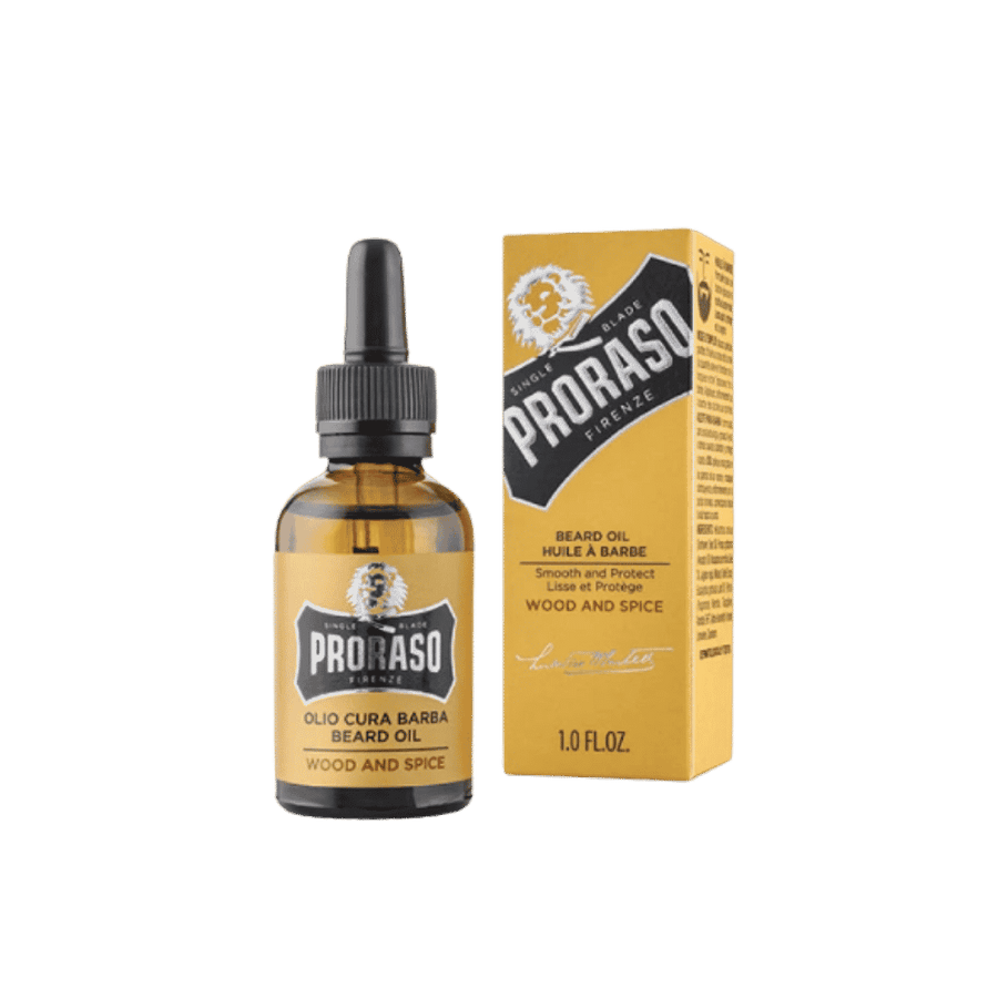 Proraso Single Blade Wood and Spice beard oil, amber dropper bottle with yellow box, 1 fl oz