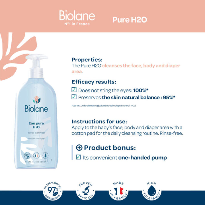Biolane Pure H2O Eau Pure - 350mL | بيولان بيور– ماء نقي لتنظيف البشرة – 350 مل