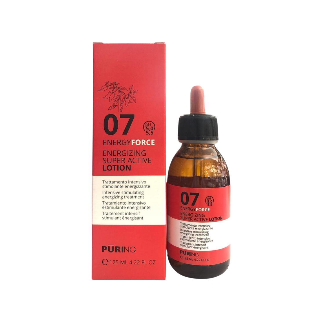 PURING 07 Energyforce Energizing Super Active Lotion, 125ml, amber dropper bottle beside red rectangular carton