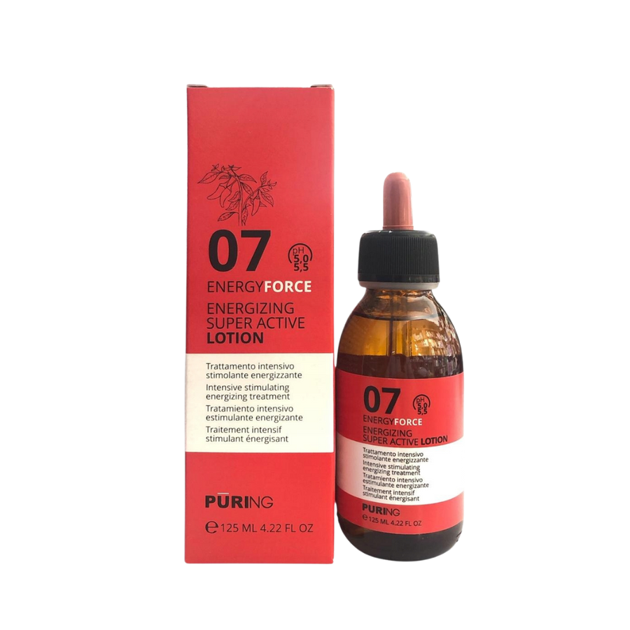 PURING 07 Energyforce Energizing Super Active Lotion, 125ml, amber dropper bottle beside red rectangular carton