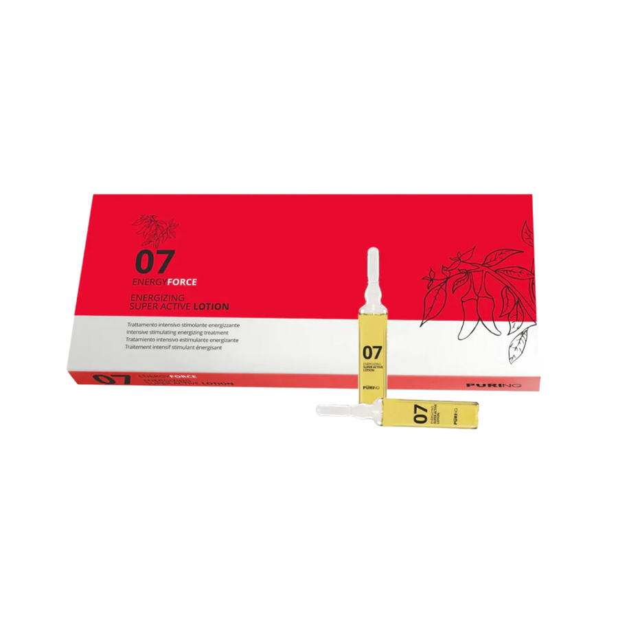 PURING 07 Energy Force scalp lotion, twelve 10ml ampoules, red-and-white carton with two yellow glass vials