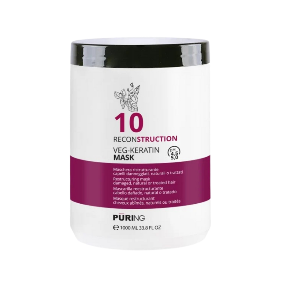PURING 10 Reconstruction Veg-Keratin hair mask, 1000ml, in a white tub with black lid.