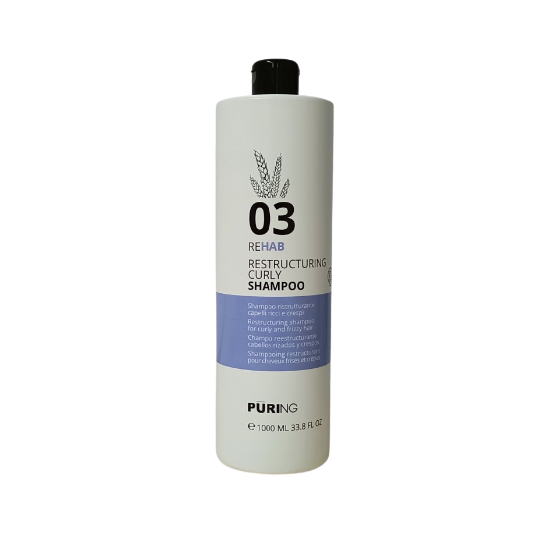 Puring 03 Rehab restructuring shampoo for curly hair, 1000ml, white bottle with black cap and blue label